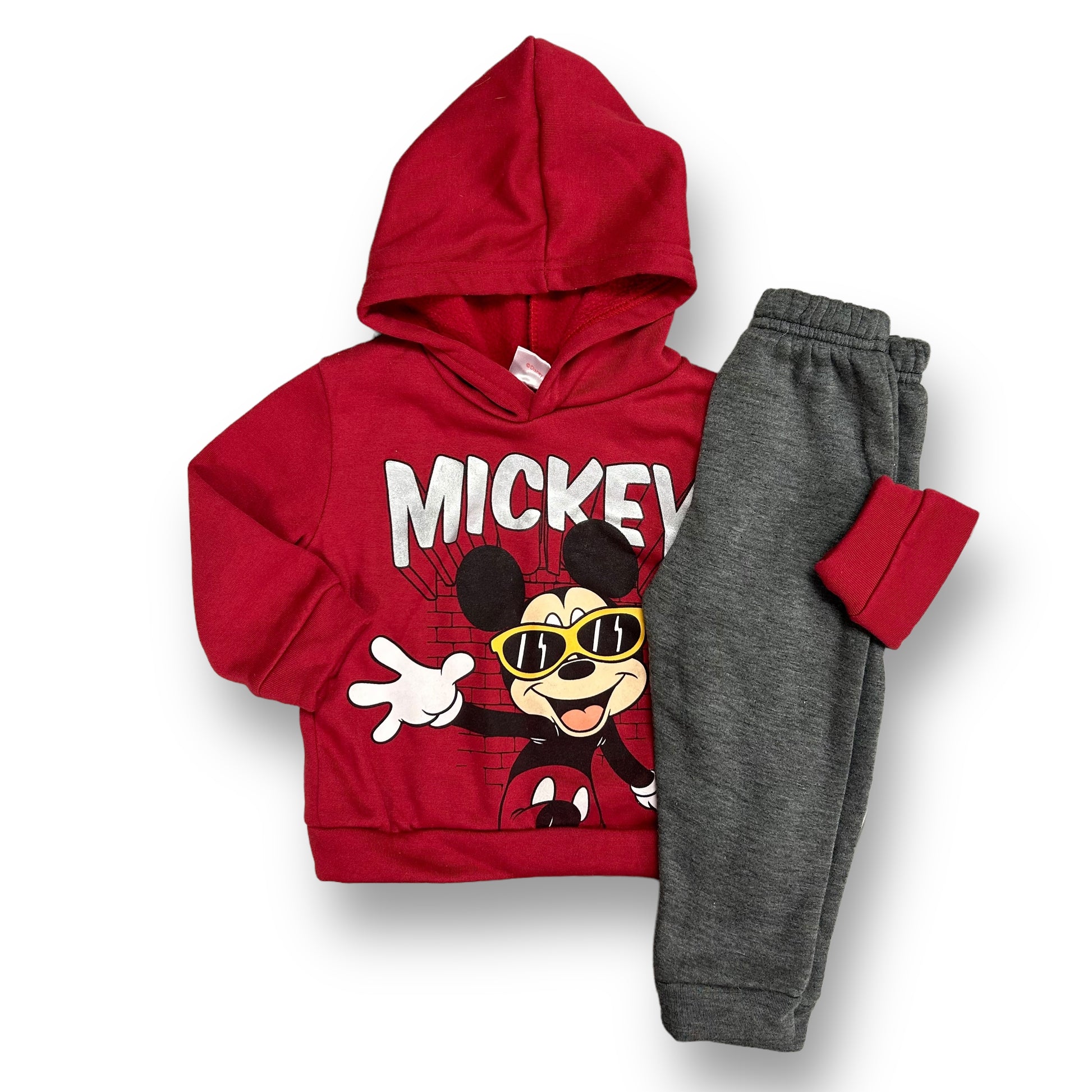 A size 24 months boys' Disney themed red and gray Mickey Mouse sweat 2-piece outfit, consisting of a hoodie and pants.