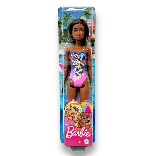 NEW! Barbie Beach Doll in Purple Butterfly Swimsuit with Straight Black Hair