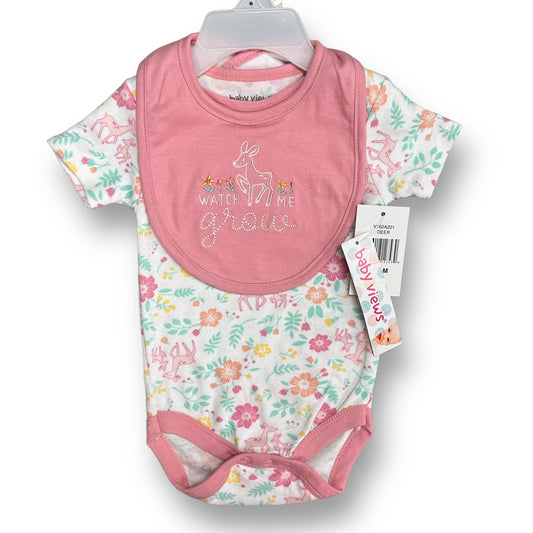 NEW! Girls Baby Views Size 3-6 Months White & Pink Deer Print 2-Pc with Bib