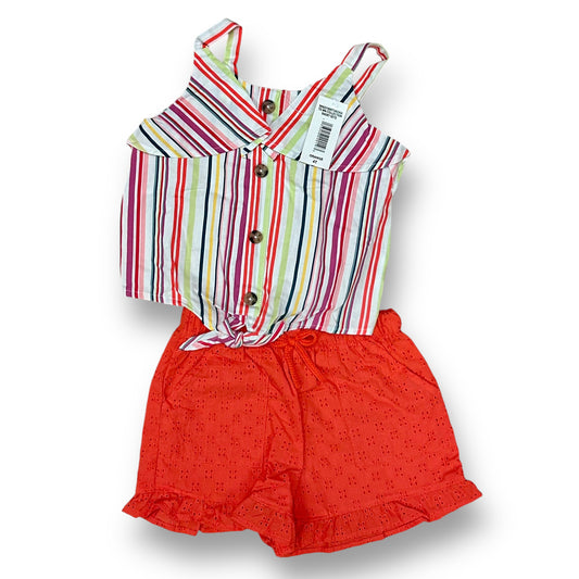 A girls' outfit consisting of an orange and white striped top and red bottoms, size 4T, with a tag visible.