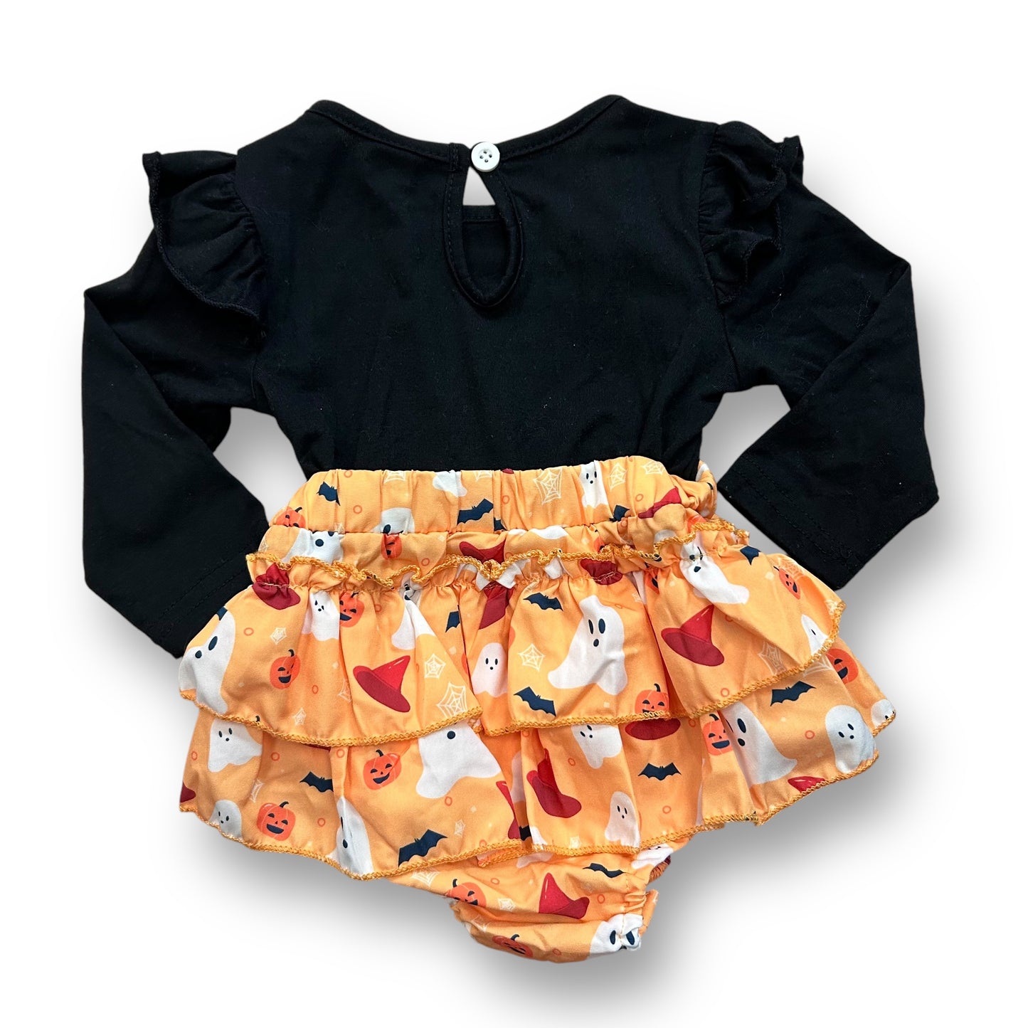 Girls Size 6-9 Months Orange & Black Ruffle Halloween Romper