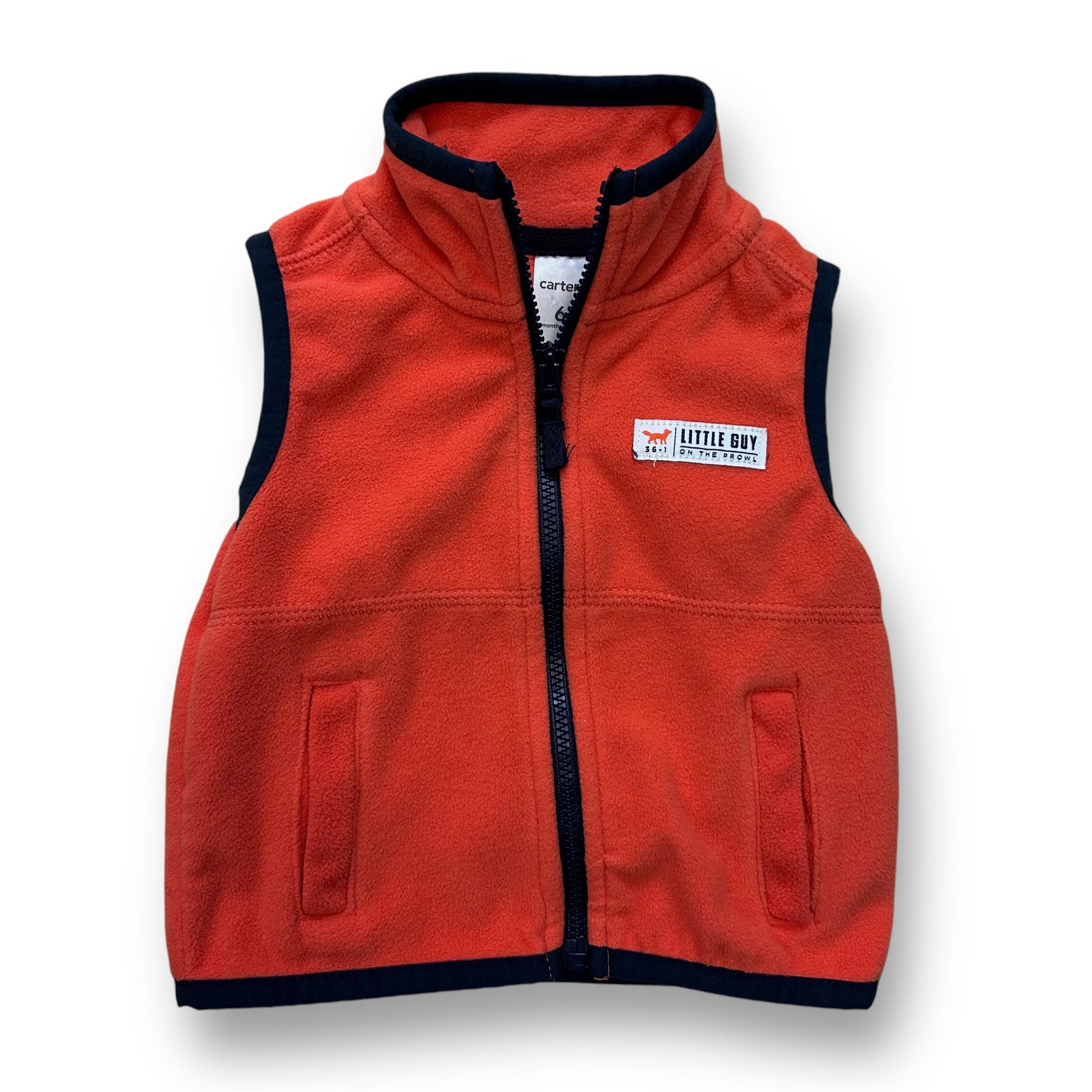 An orange fleece zippered vest for boys, with a logo on the left chest area.