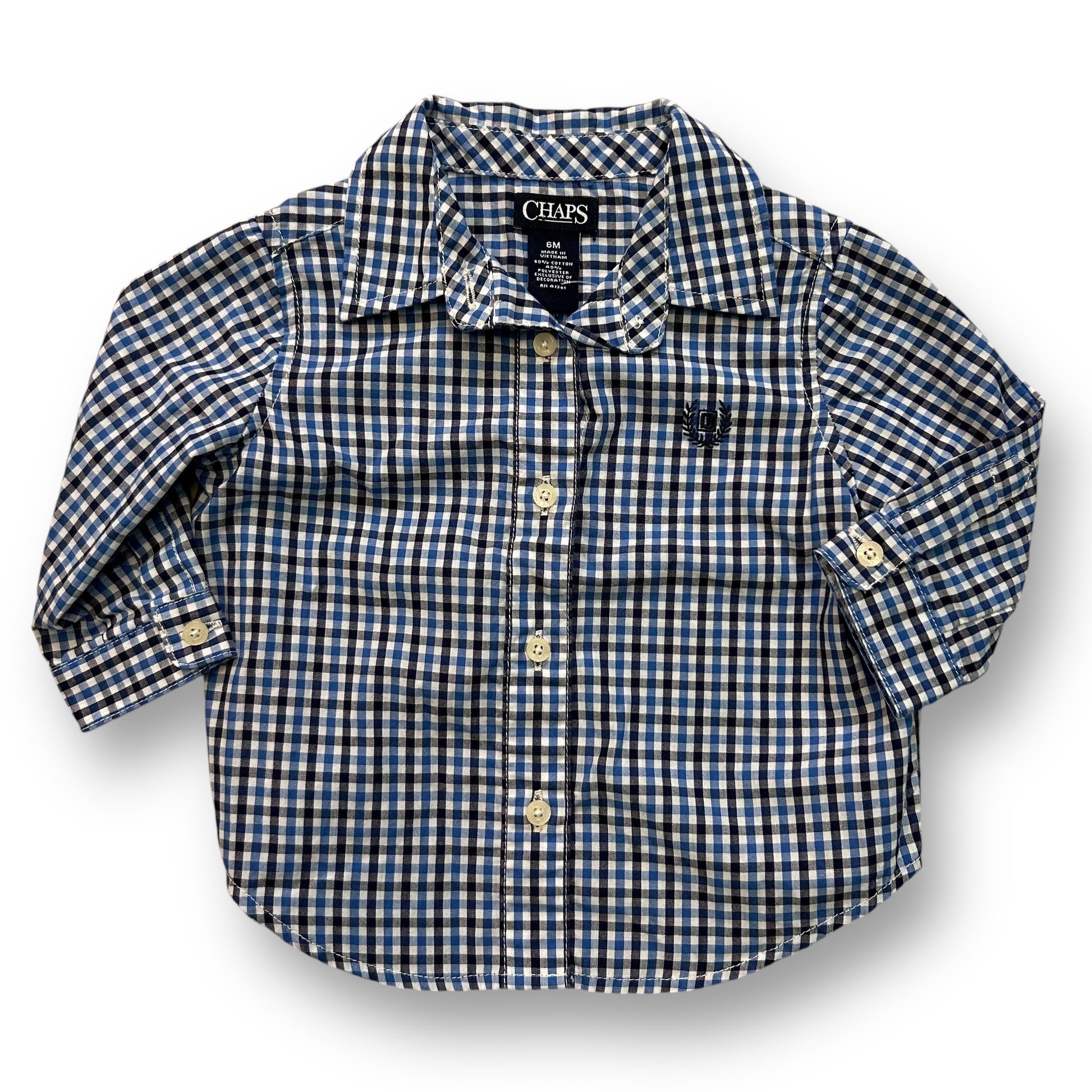 A long sleeve button down shirt for a 6 month old boy, featuring a white and blue checkered pattern.