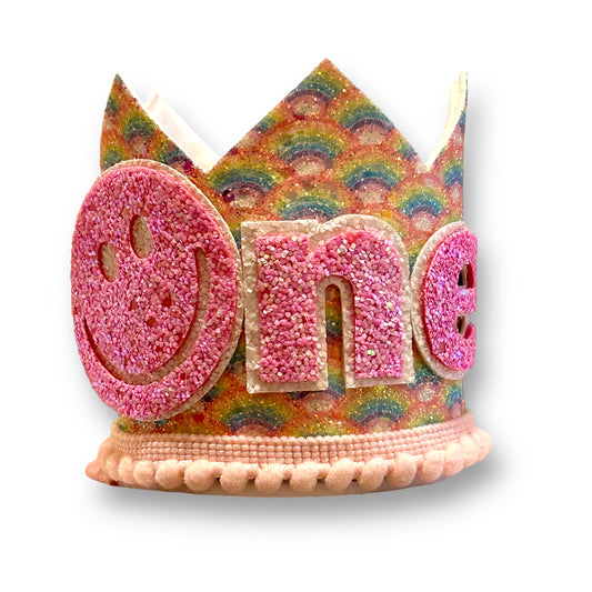 Rainbow Glitter Smiley 1st Birthday Crown