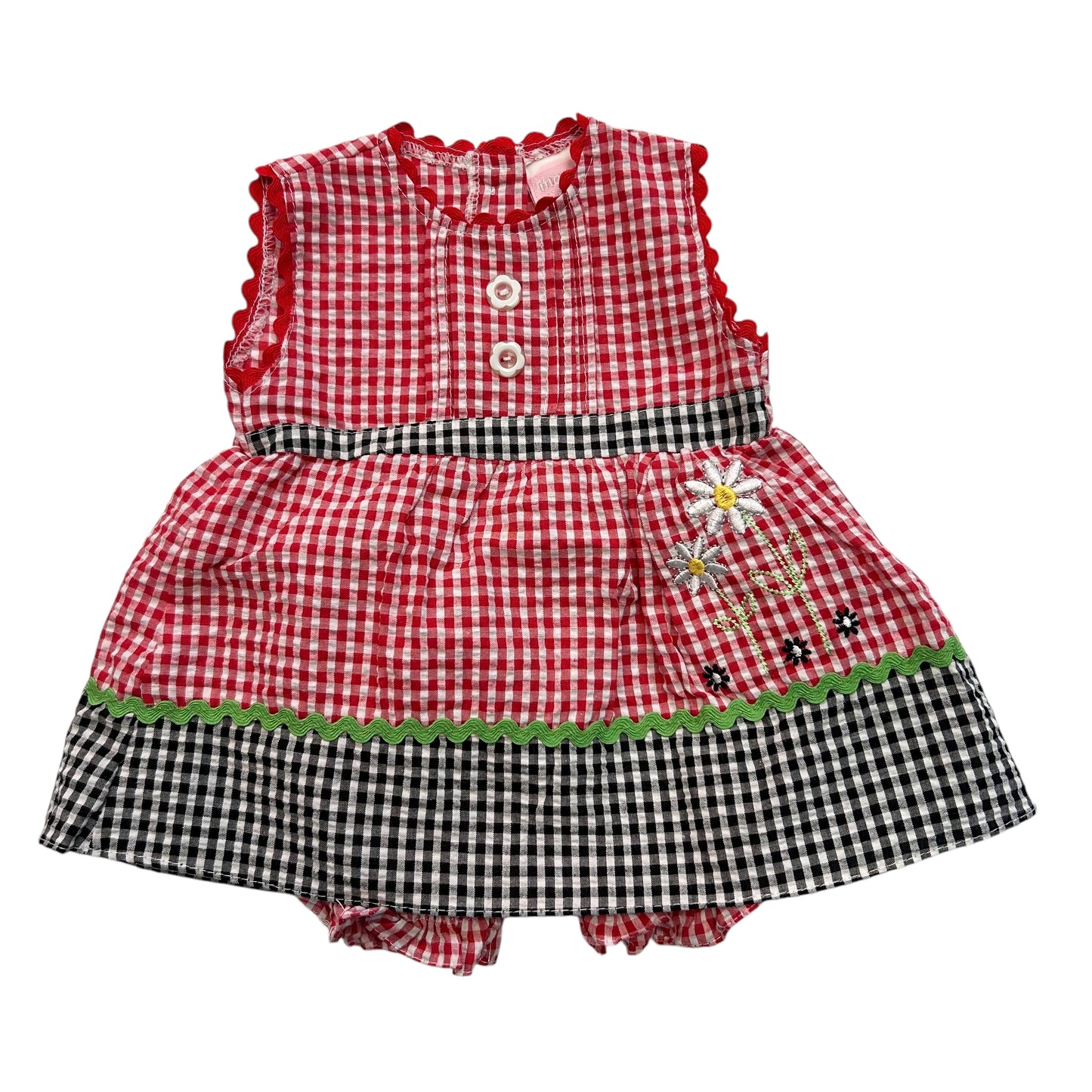 Girls Mon Petit Size 3-6 Months Red & Black Checkered Embroidered Dress Bloomers
