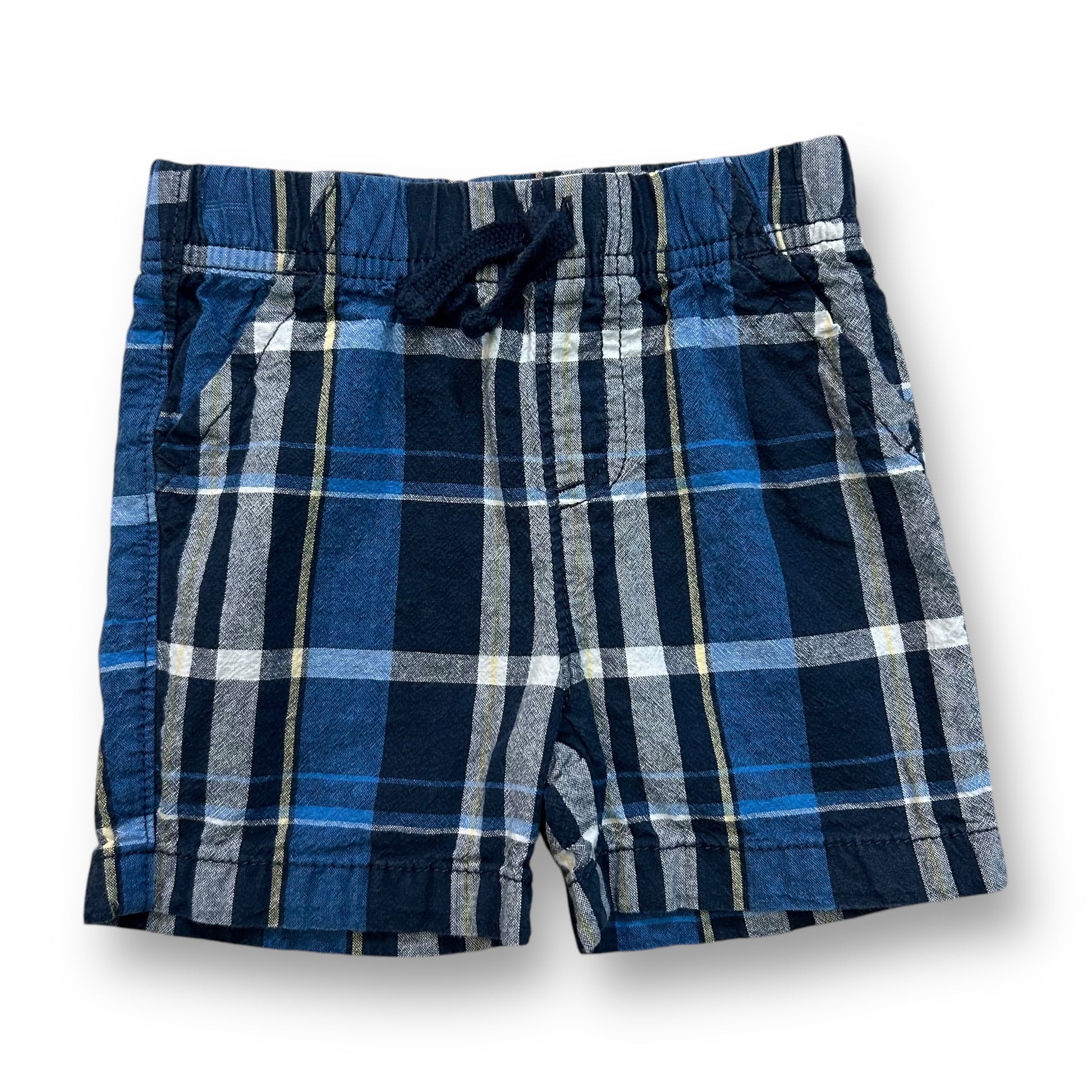 A pair of blue plaid pull-on shorts for 18 month old boys.