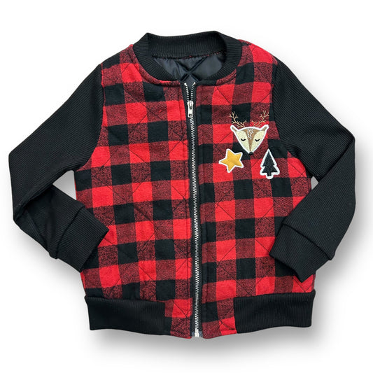 Girls Size 3/4T Black & Red Plaid Midweight Quilted Reindeer Jacket