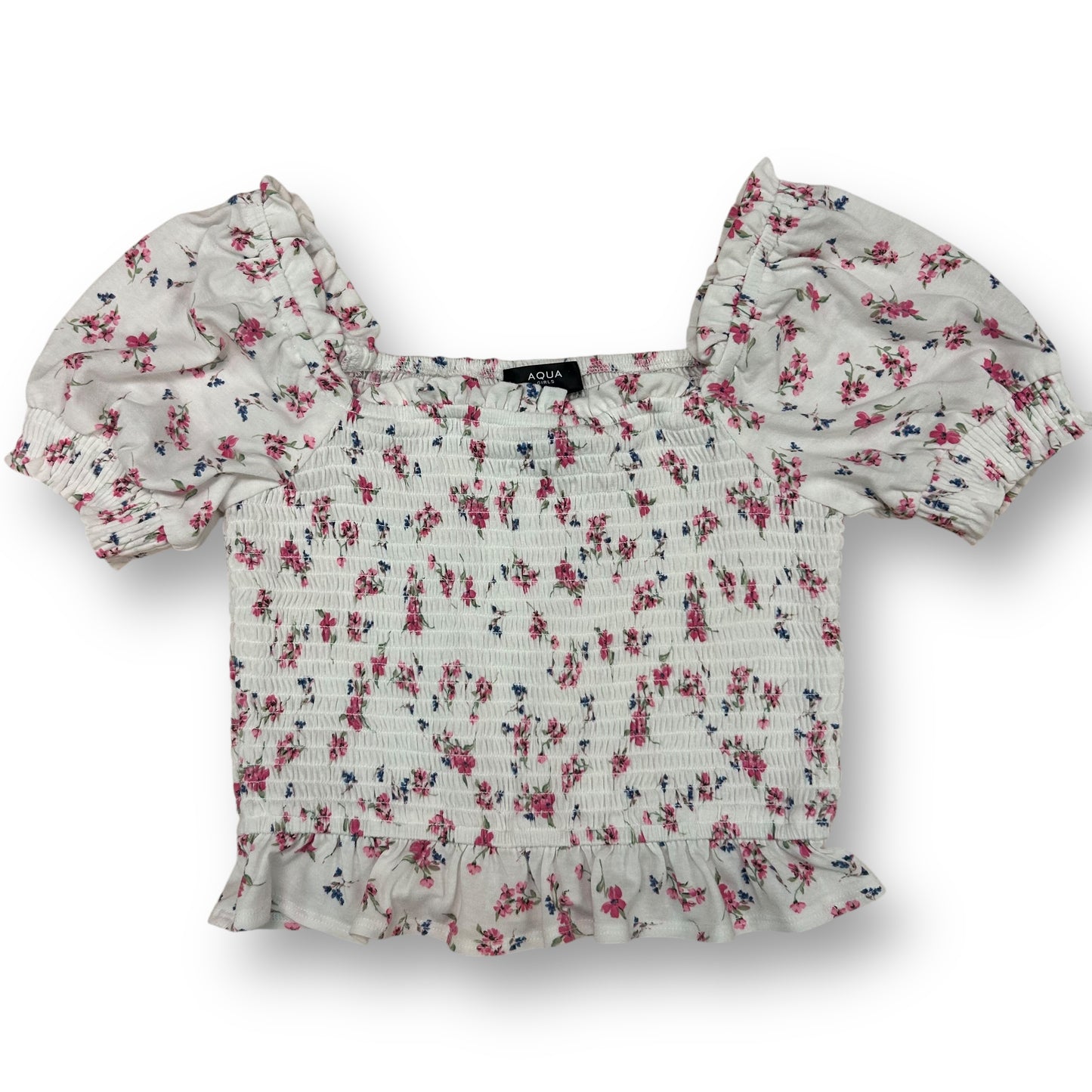 Aqua Girls Youth Size 12/14 White & Pink Floral Print Cropped Top