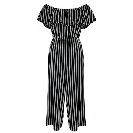 Forever 21 Size Small Jumpsuit Black & Beige Striped Off the Shoulder One Piece