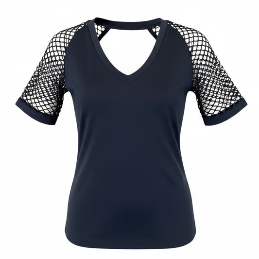 Venus Women’s Medium 3/4 Fishnet Sleeve Navy Blue Nylon Stretch Blouse