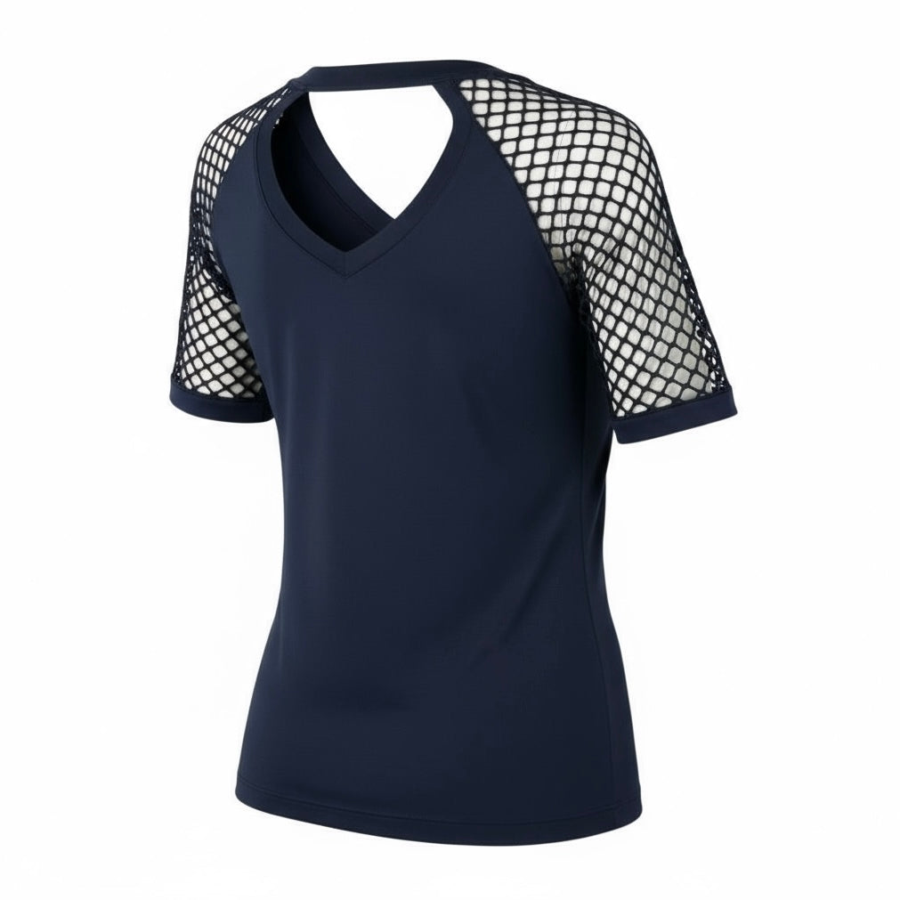 Venus Women’s Medium 3/4 Fishnet Sleeve Navy Blue Nylon Stretch Blouse
