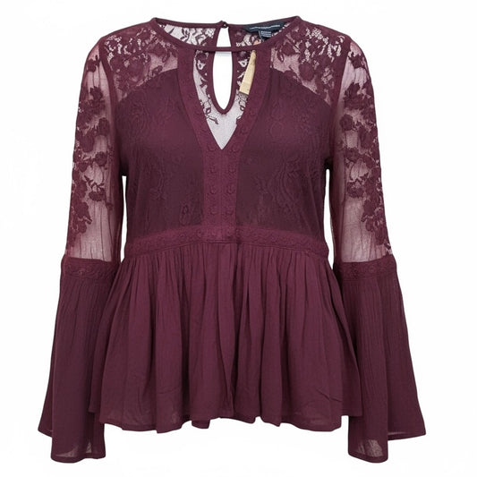 NEW! American Eagle Women's Size XS Boho Blouse with Lace Sleeves & Button