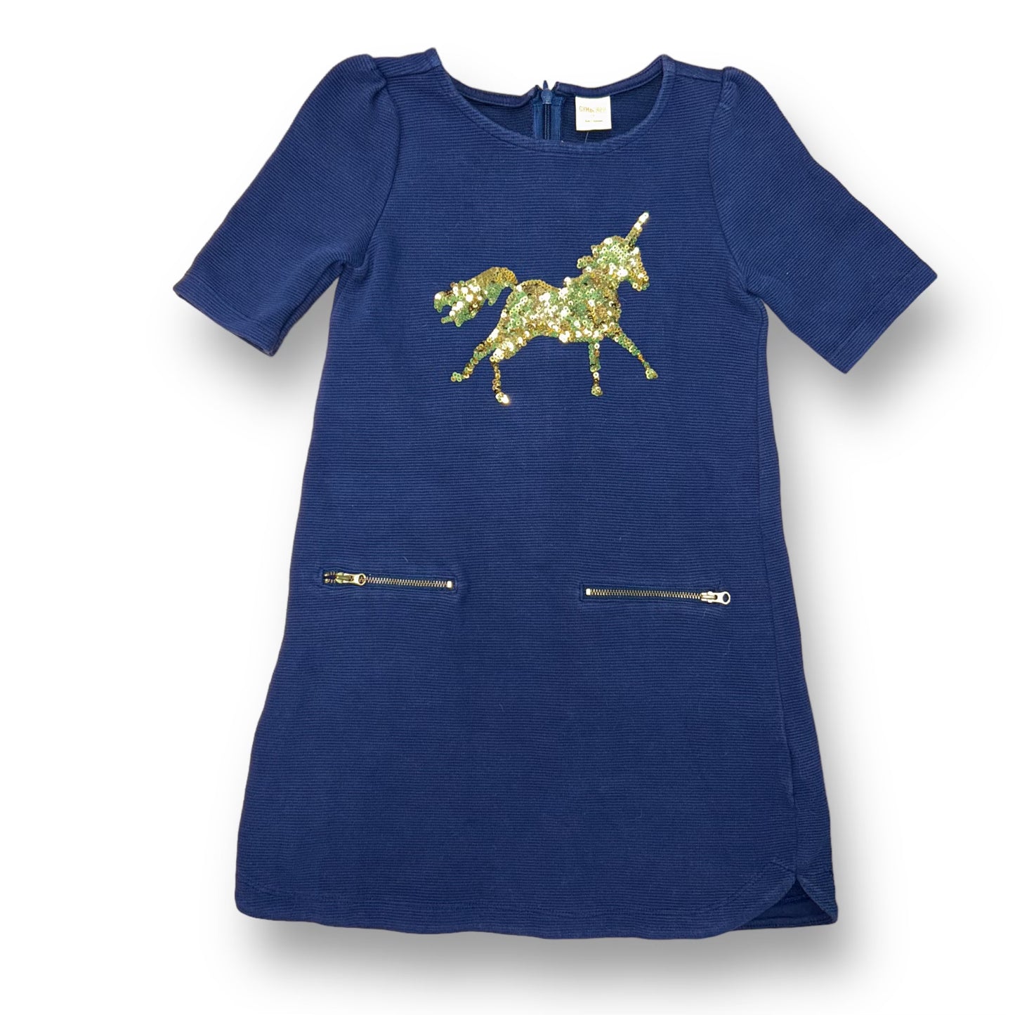 Gymboree Girls Size 7 Dark Blue Sequin Unicorn 3/4 Sleeve Dress with Zippers