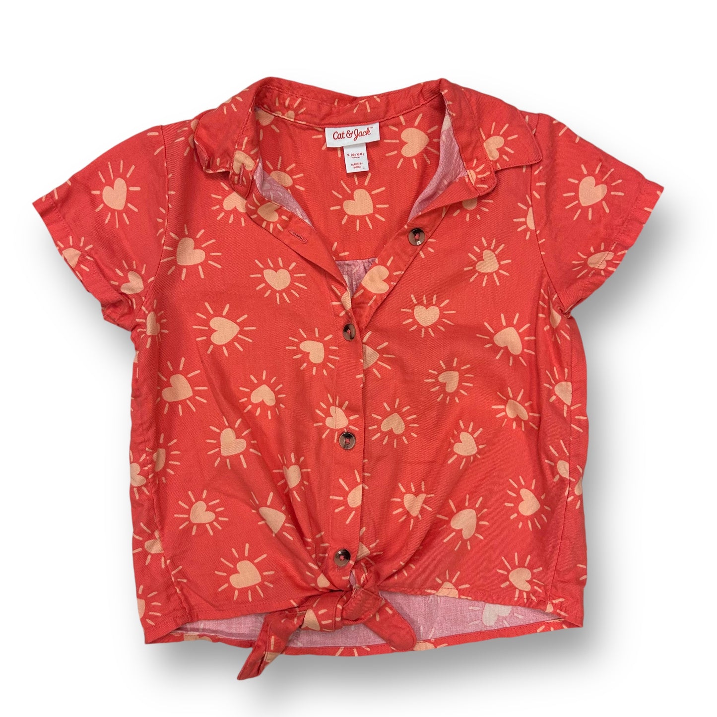 Girls Size 6/6X Heart Print Tie-Front Short Sleeve Button Up Shirt