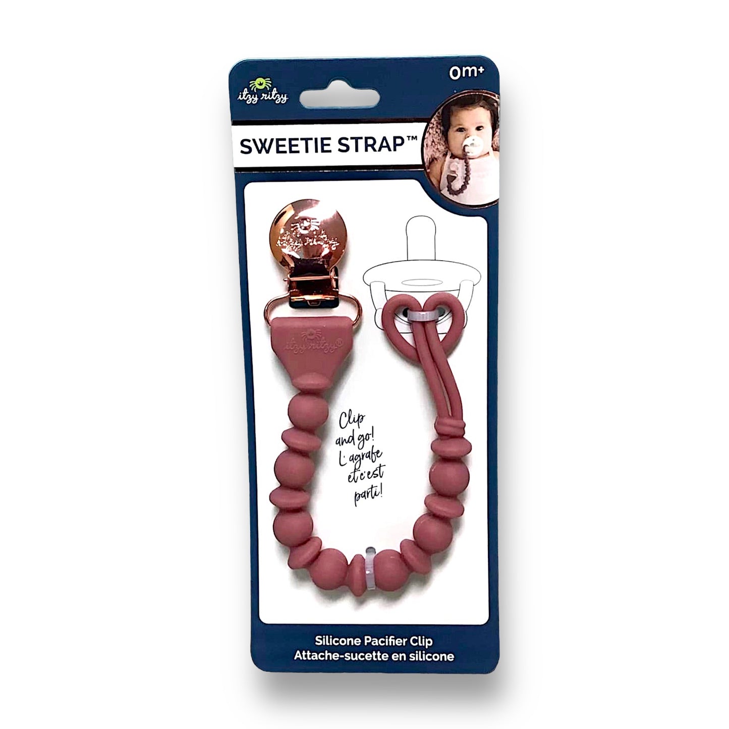 NEW! Itzy Ritzy Sweetie Strap Silicone Pacifier Clip, rosewood beaded