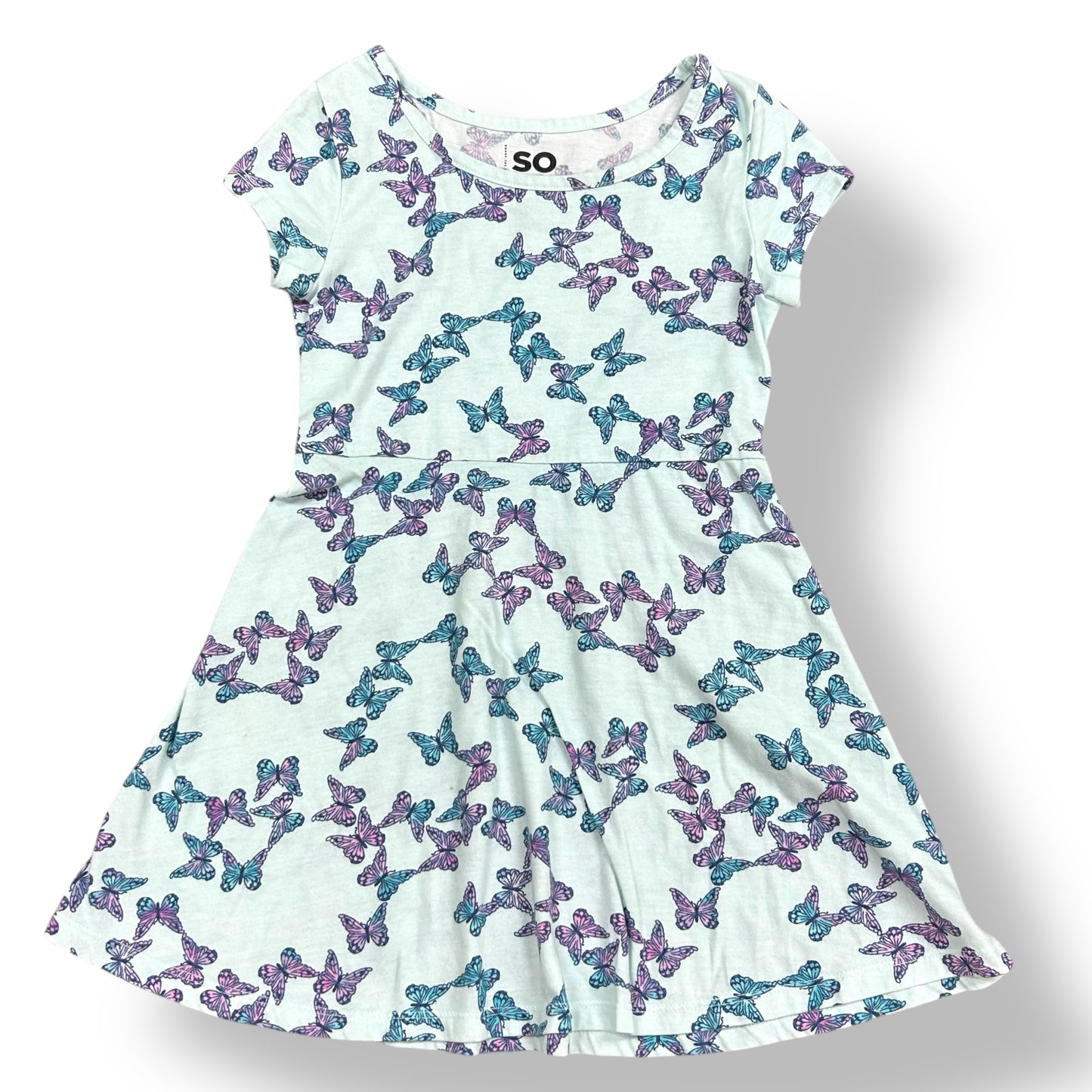 Girls Size 6/6X Aqua Blue Butterfly Print Short Sleeve Cotton Twirl Dress