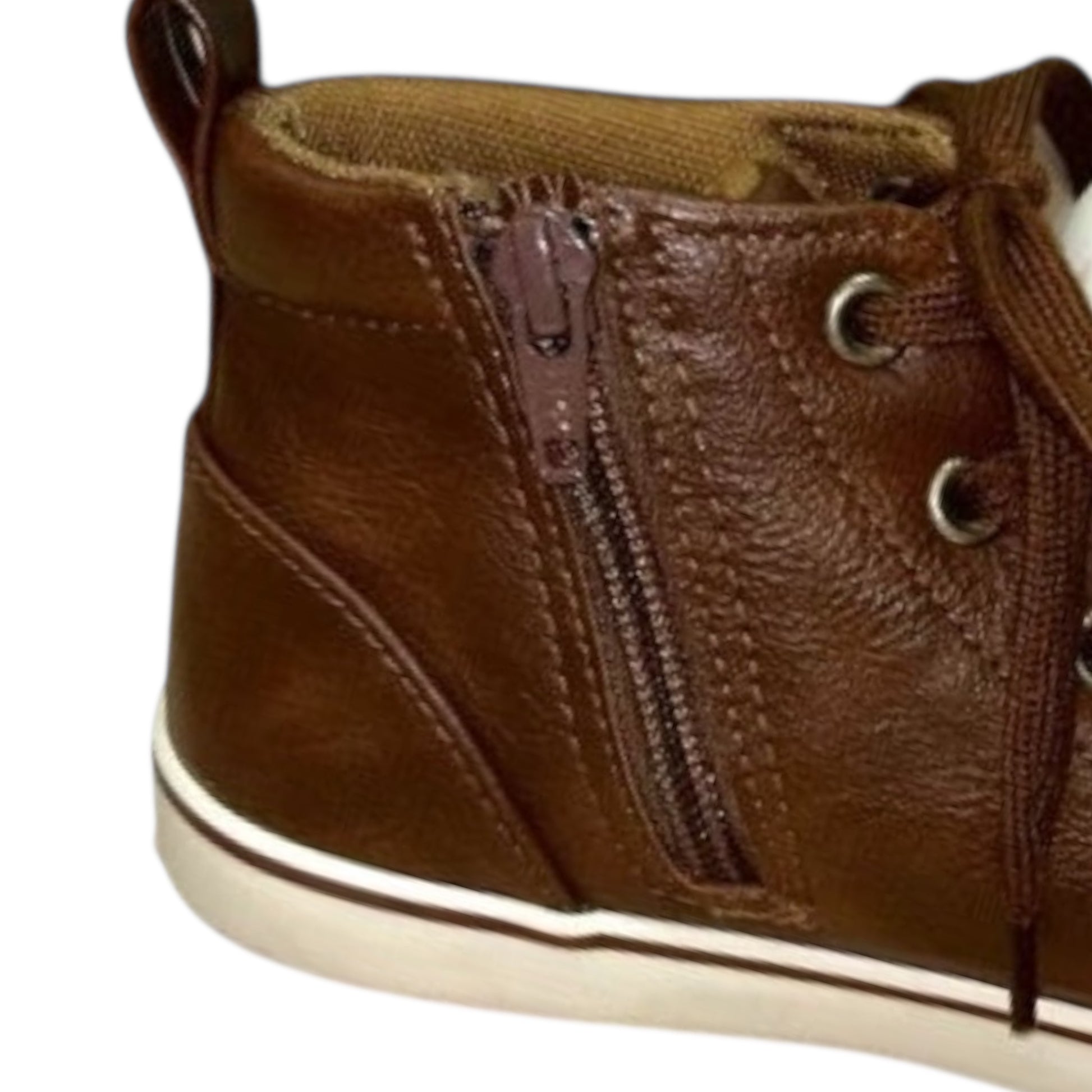 Brown leather high-top sneaker with a zipper on a white background
