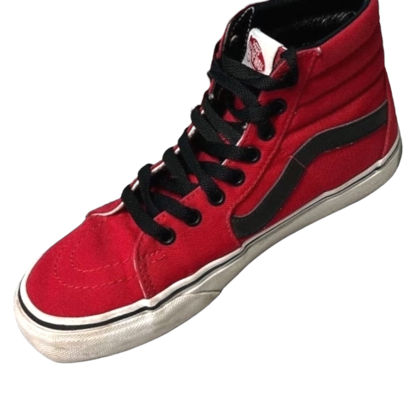 VANS Sk8-Hi Red sneaker with black stripes and laces on a white background