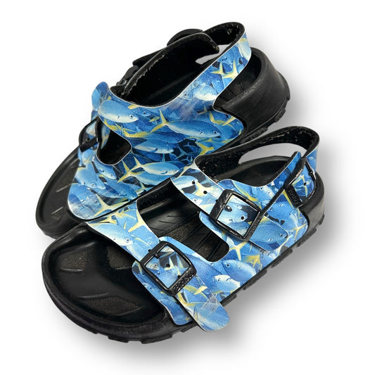 Pair of sandals with blue fish pattern on a white background