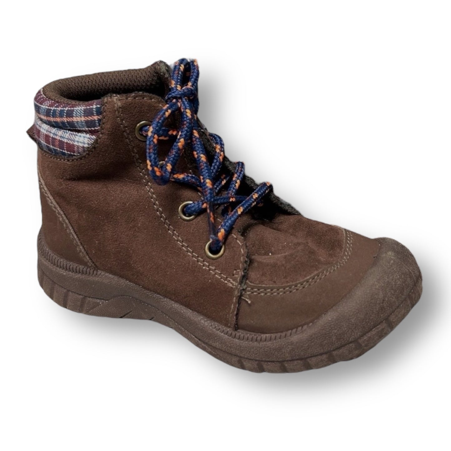 Brown children's boot with blue laces on a white background