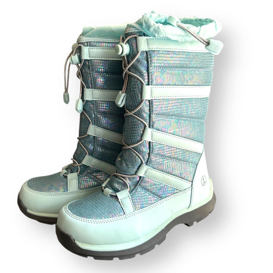 Pair of light blue Lands End snow boots with a patterned design on a white background