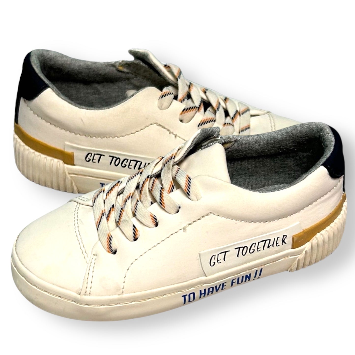 White sneakers with text on a white background