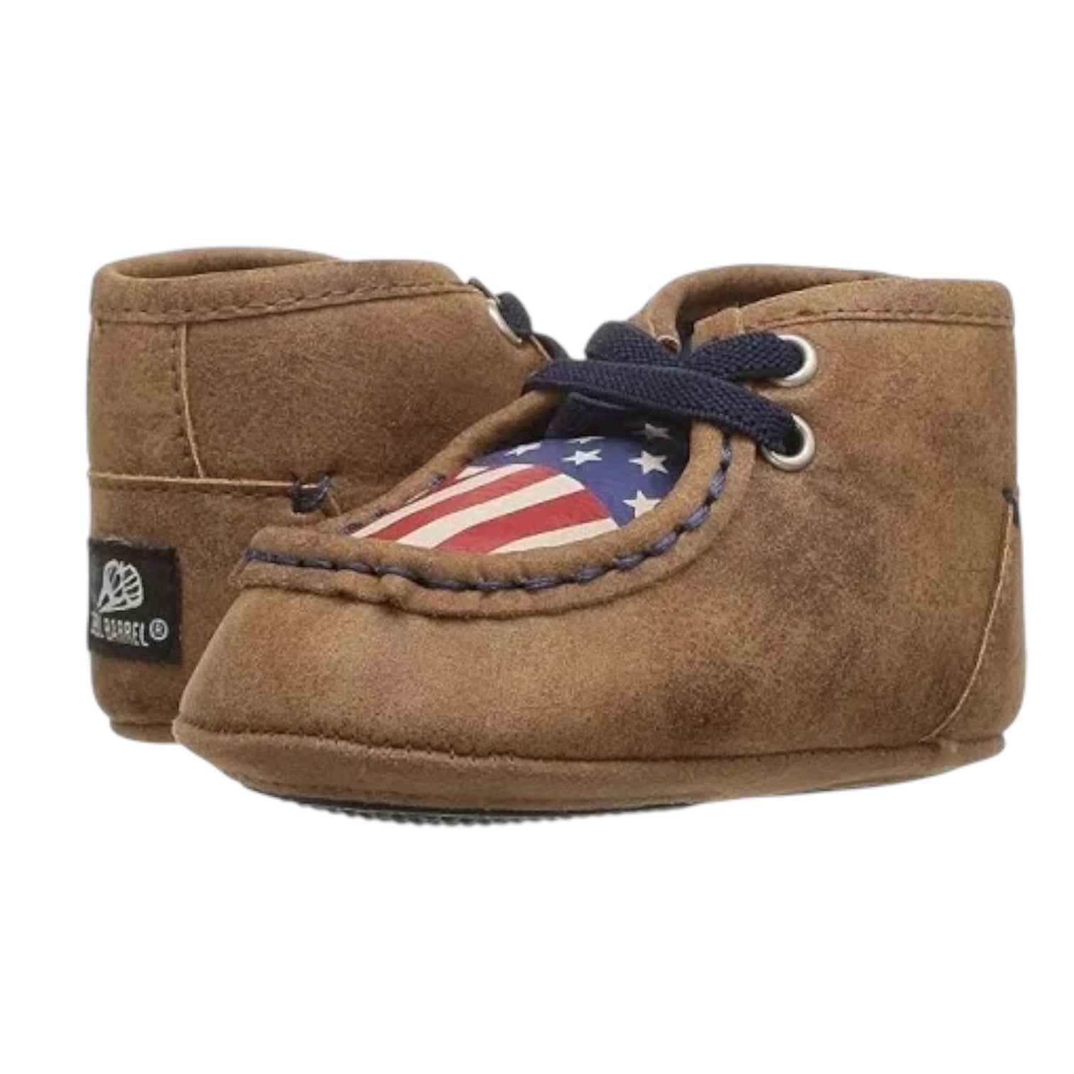 Brown baby shoes with American flag design on a white background