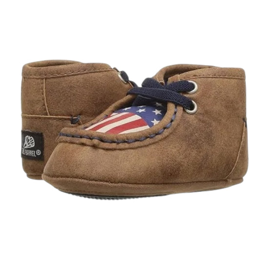 Brown baby shoes with American flag design on a white background