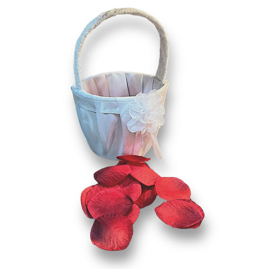 White Flower Girl Basket with Red Rose Petals