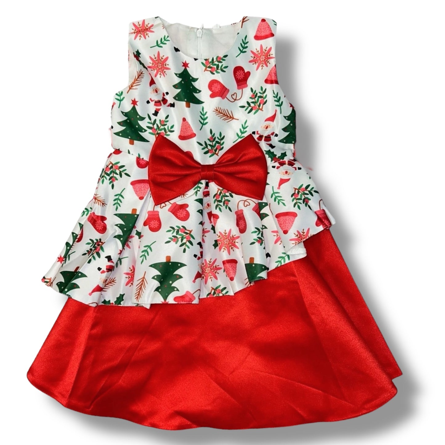 Christmas-themed dress with red bow and pattern on a white background