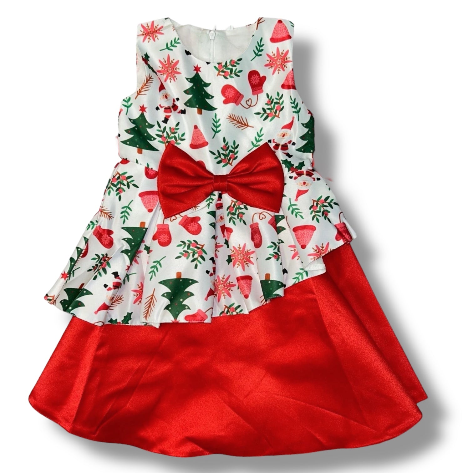 Christmas-themed dress with red bow and pattern on a white background