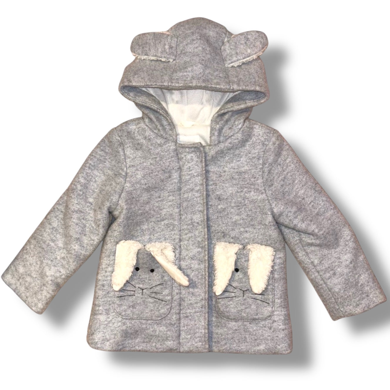Children's gray coat with bunny ears and face on a white background
