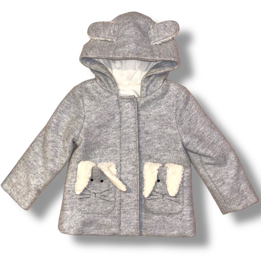 Children's gray coat with bunny ears and face on a white background