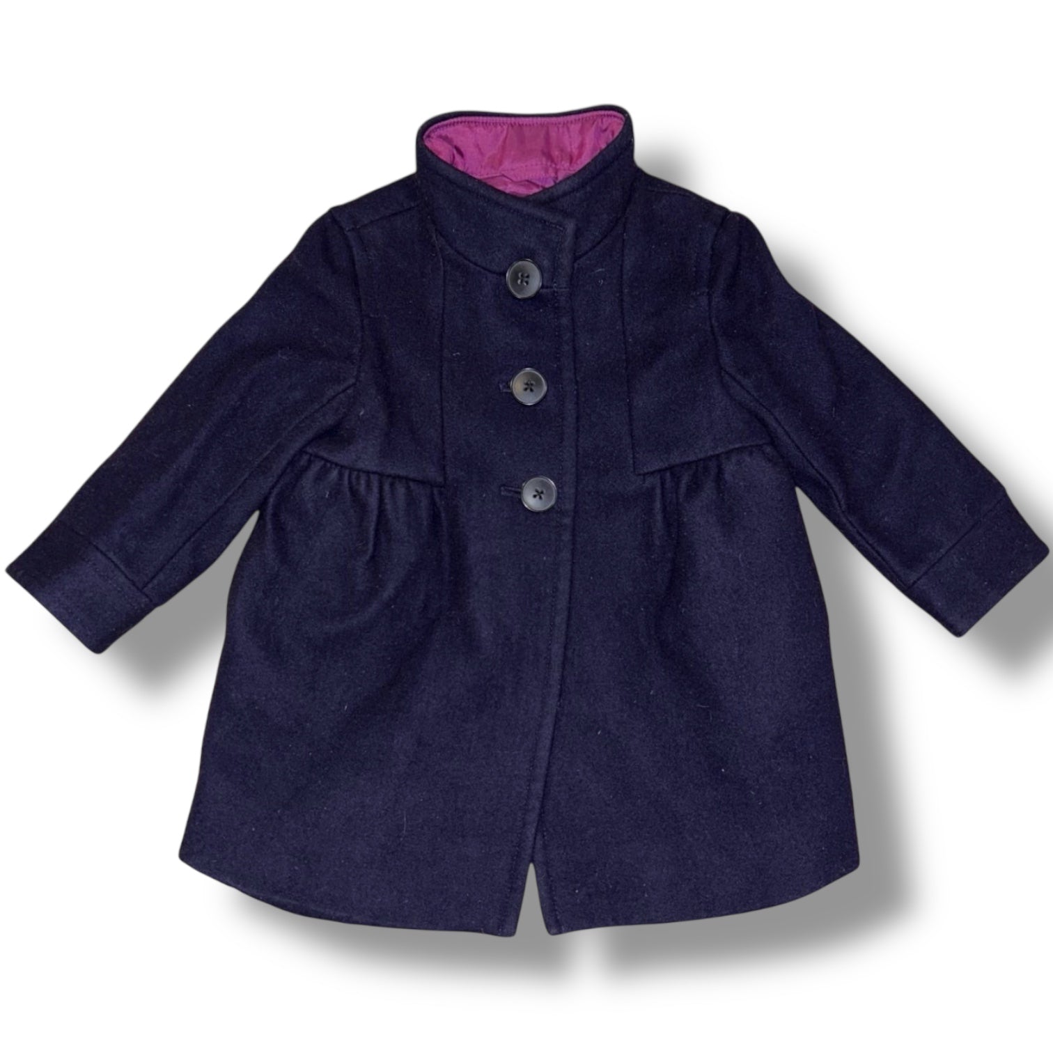 Navy blue coat with a pink interior lining on a white background