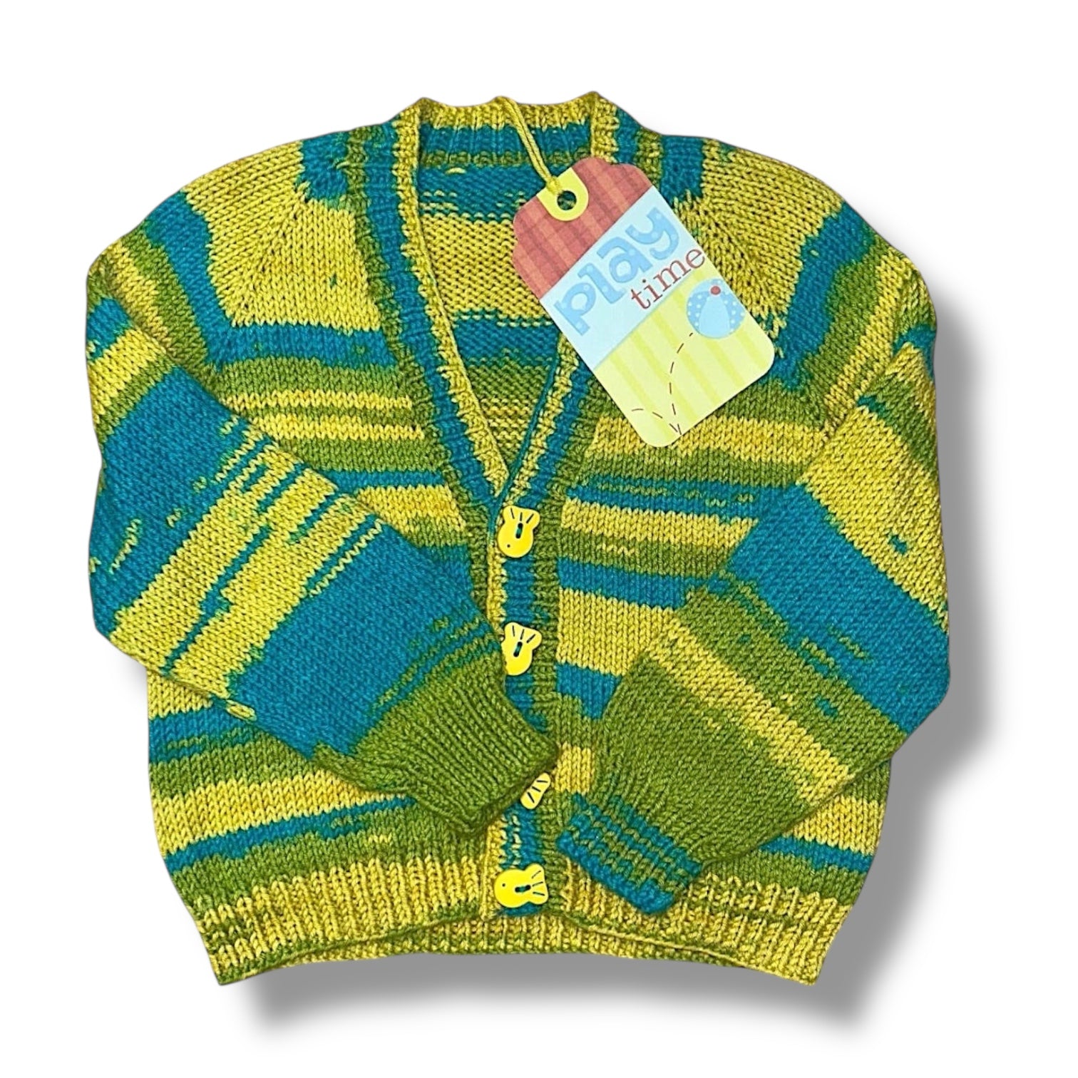 Colorful knitted cardigan with a 'Play Time' tag on a white background