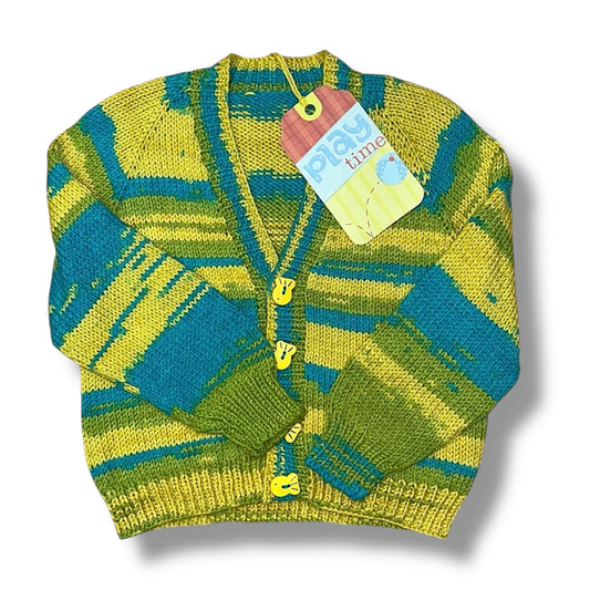 Colorful knitted cardigan with a 'Play Time' tag on a white background