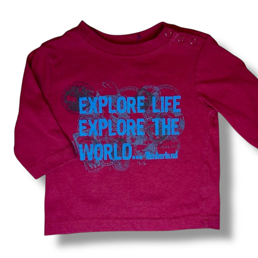 Timberland Boys Size 12 Months Explore the World Red Long Sleeve Shirt