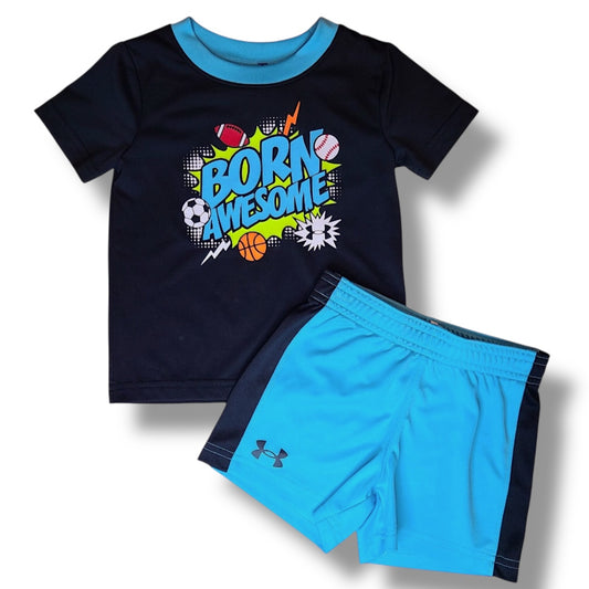 Under Armour Boys Outfit Size 12 Months Born Awesome Shirt and Blue Shorts Set