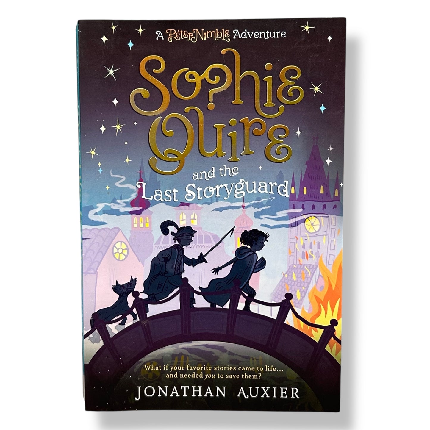 Book cover of 'Sophie Quire and the Last Storyguard' with silhouettes on a bridge and cityscape.