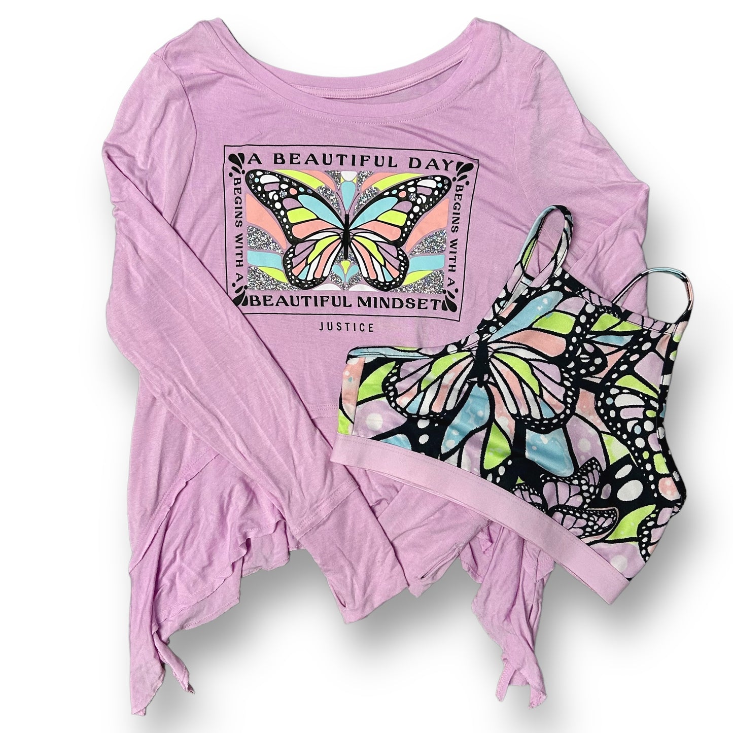 Girls Justice Size 10 YMD Lilac Butterflies 2-Pc Long Sleeve Shirt with Bralette