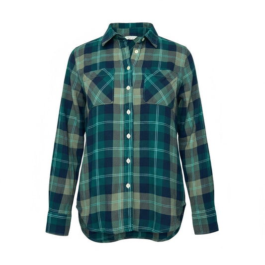 Women's Size XS Flannel Shirt Full Length Green & Blue Plaid Button Up Tunic