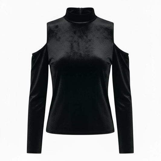 Women's XS Black Crushed Velvet Shirt Long Sleeve Cold Shoulder Top with Zipper