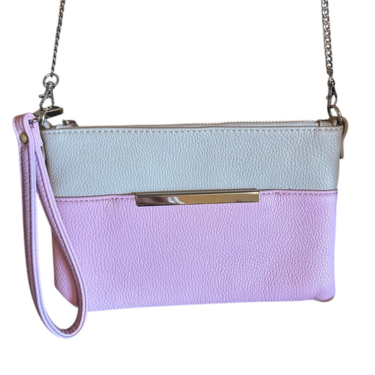 Two-tone silver and purple handbag with a chain strap on a white background