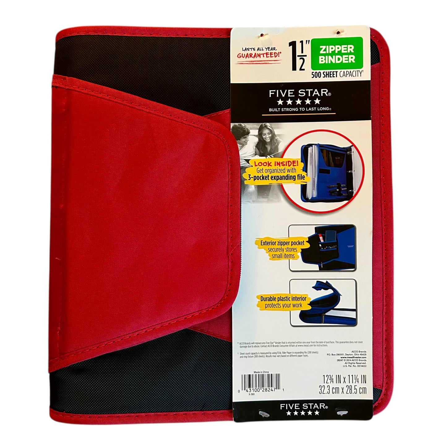 Red and black Five Star zipper binder with packaging on a white background