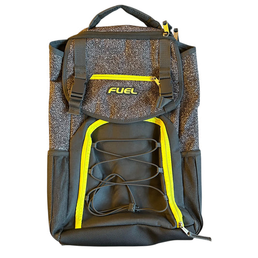 Backpack with 'FUEL' branding on a white background