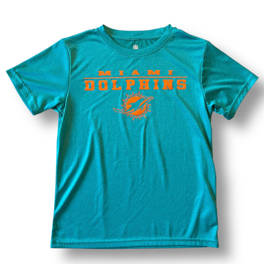Teal t-shirt with 'Miami Dolphins' text and logo on a white background