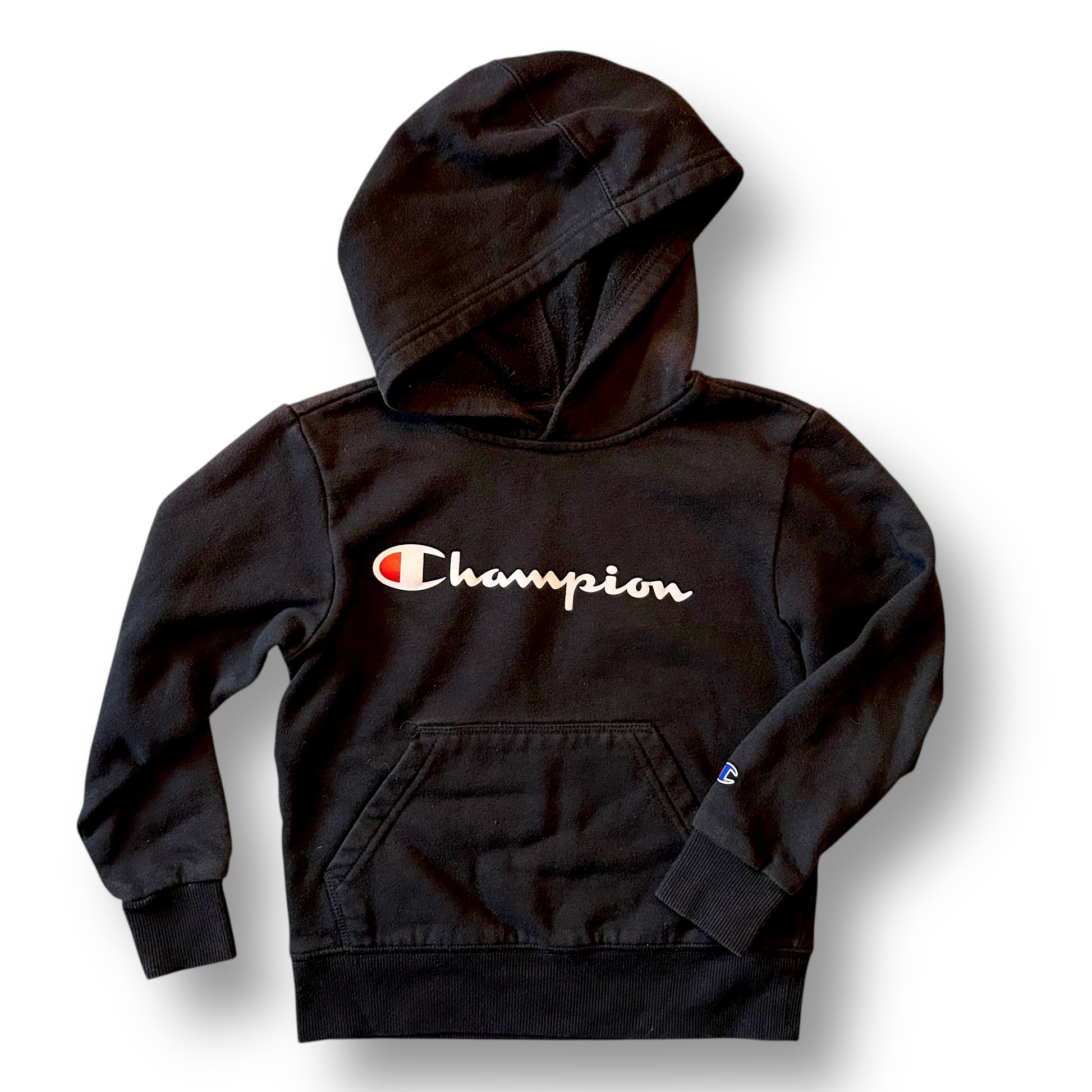 Black hoodie with Champion logo on a white background