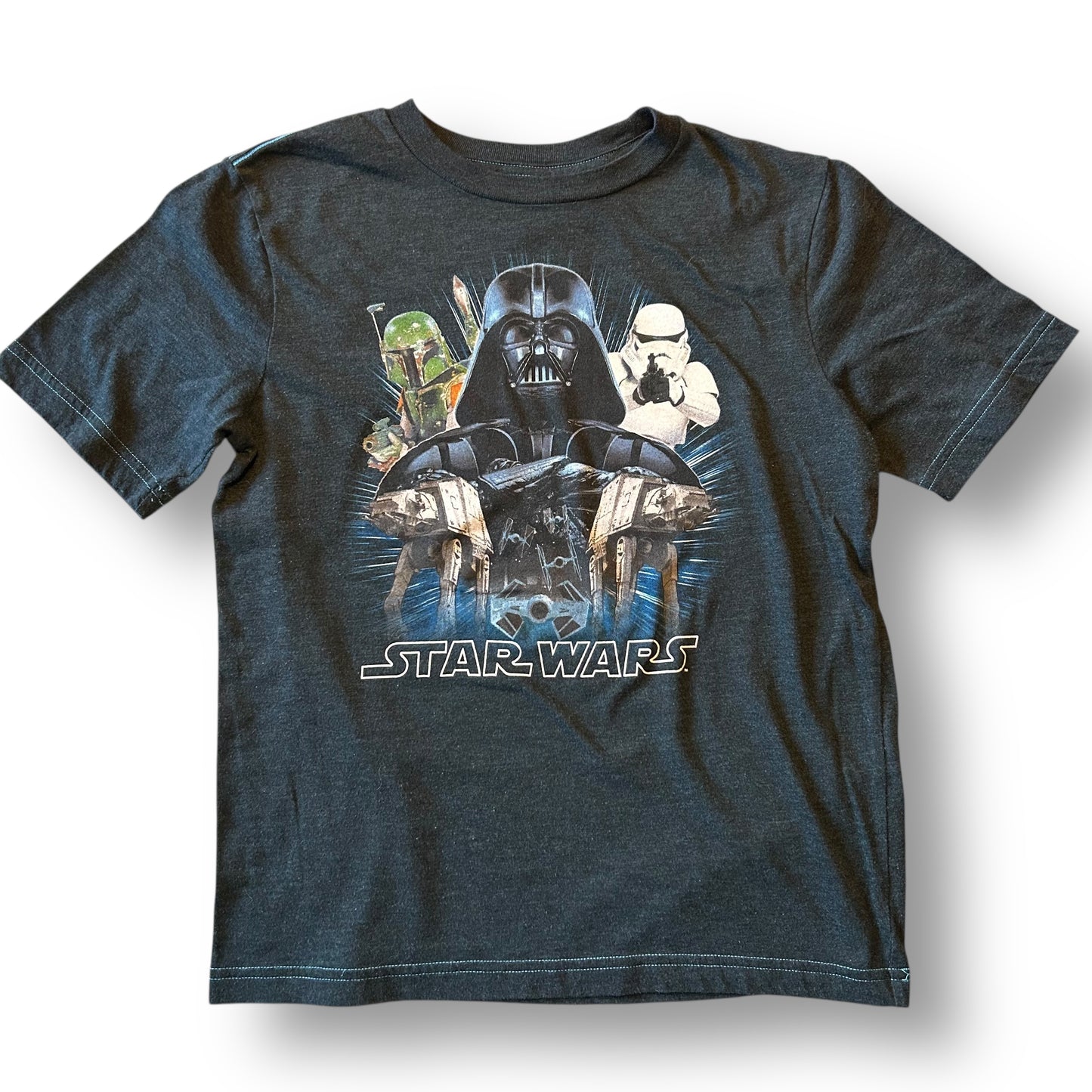 Dark blue t-shirt with Star Wars graphic featuring Darth Vader and other characters on a white background