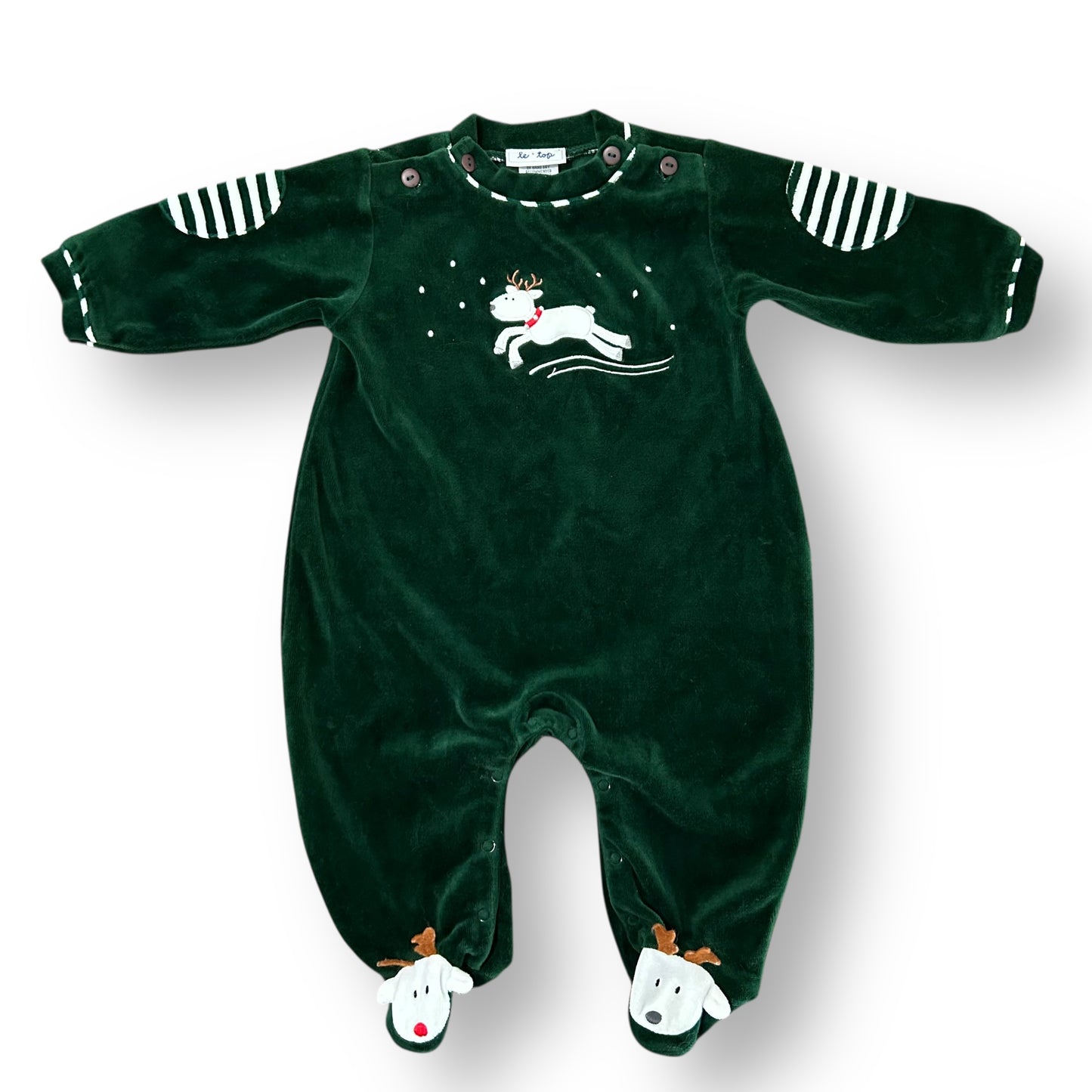 Green baby onesie with reindeer design on a white background