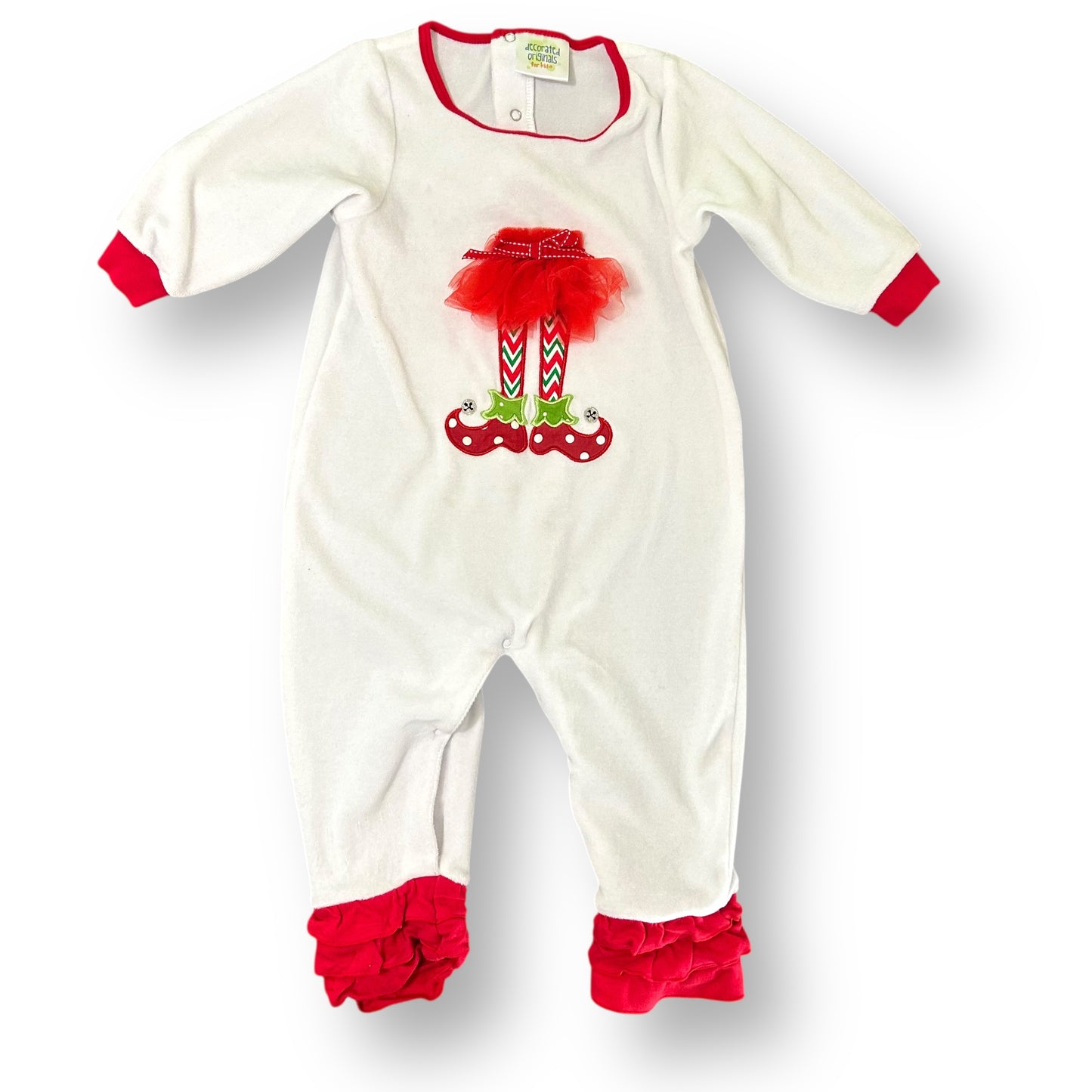 White baby onesie with red accents and Christmas-themed design on a white background